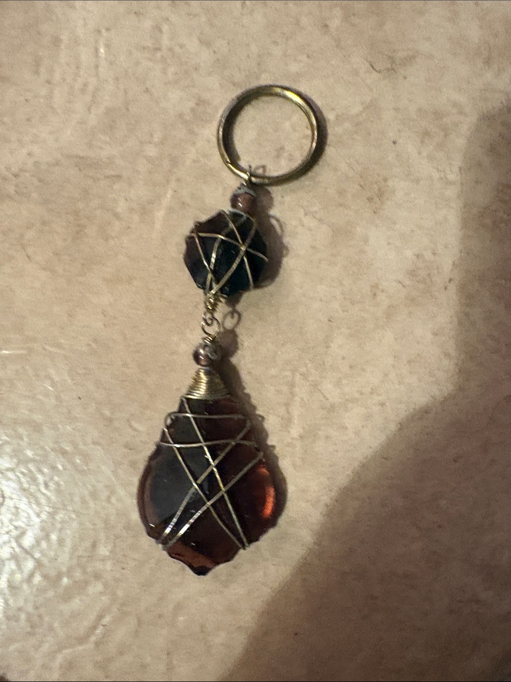 Amber Glass Teardrop Necklace Pendant with Gold Wire Wrap